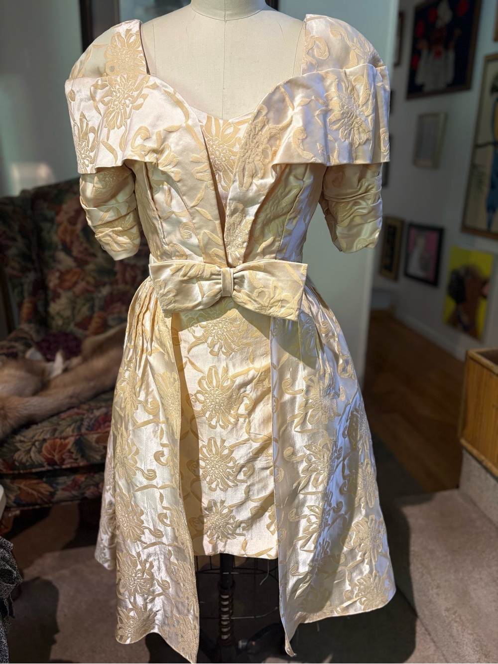 Vintage 80s Ivory Champagne Brocade Strapless Dress Bolero Set with Bow S 6/8